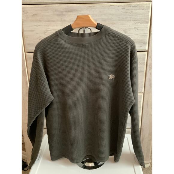 Stussy Olive Green Waffle Knit Long Sleeve Top- Size Large - Picture 1 of 5